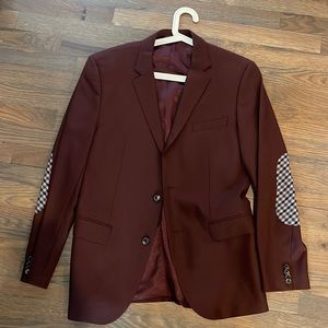 Hugo Boss 40R Men’s Blazer in Maroon with Houndstooth Elbow Pads